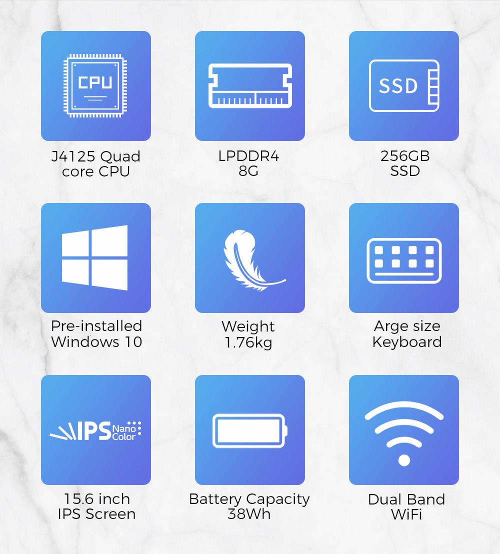 KUU A8S PRO Laptop 15.6" 1920*1080 IPS Screen Intel J4125 8GB LPDDR4 256GB SSD Windows 10 5000mAh Battery EU Plug