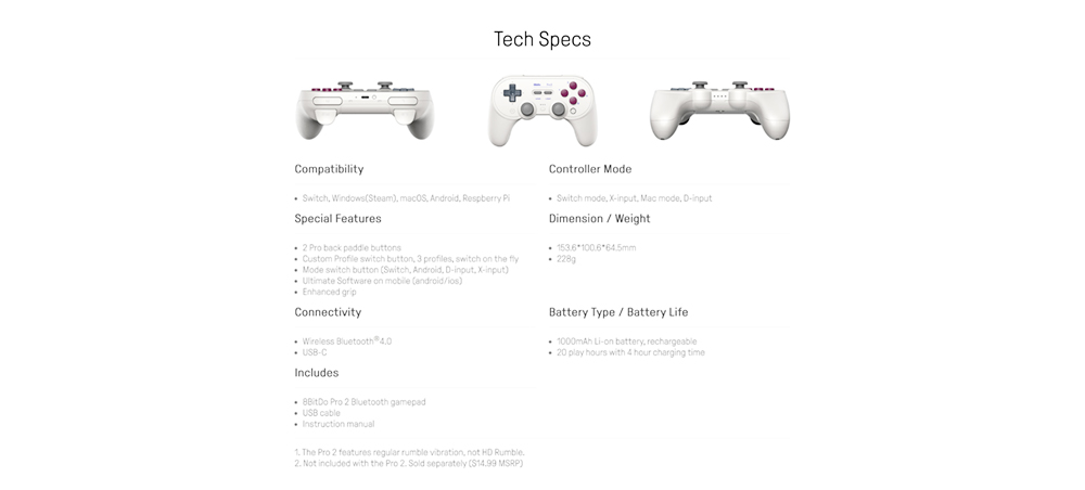 8BitDo Pro 2 Bluetooth Gamepad Controller with Joystick for Nintendo Switch, PC, macOS, Android, Steam & Raspberry Pi - Grey