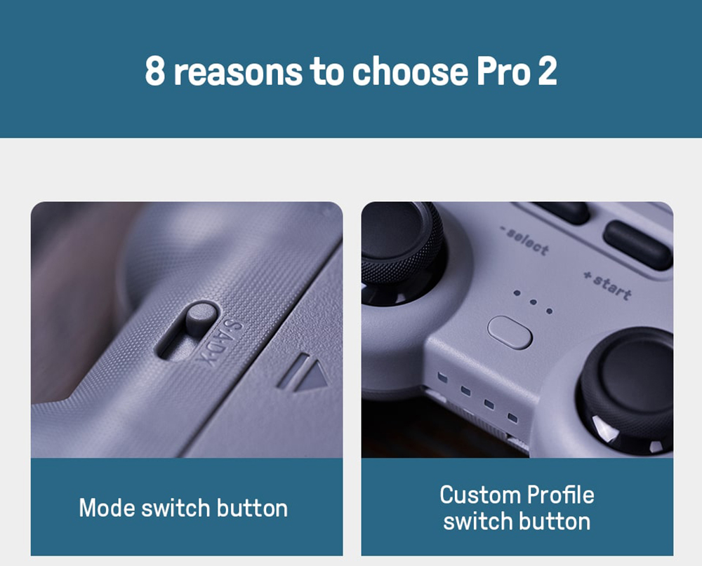 8BitDo Pro 2 Bluetooth Gamepad Controller with Joystick for Nintendo Switch, PC, macOS, Android, Steam & Raspberry Pi - Grey