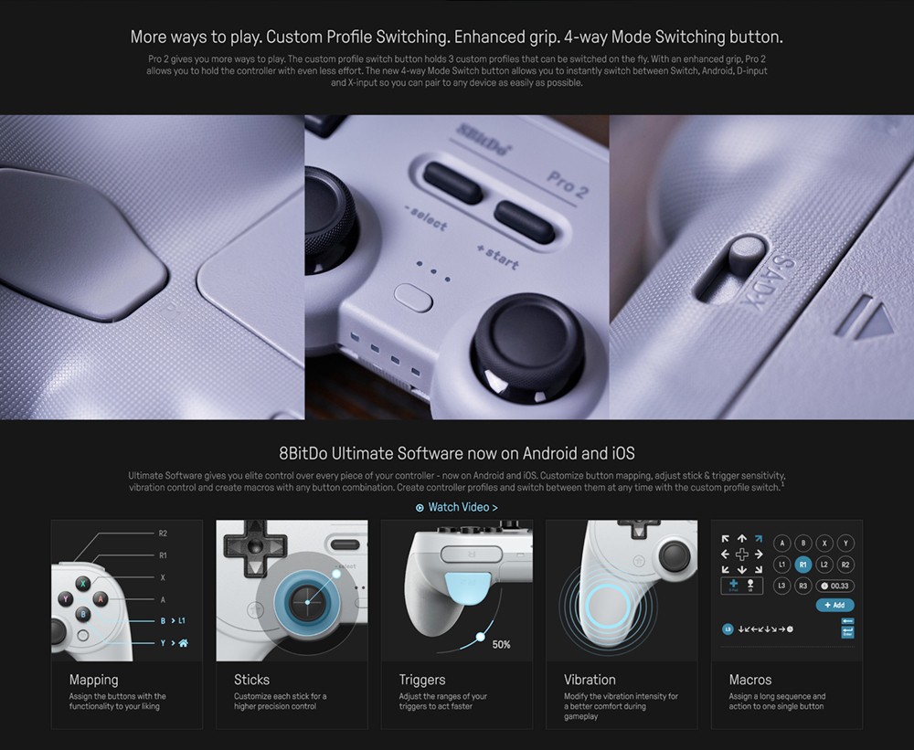 8BitDo Pro 2 Bluetooth Gamepad Controller with Joystick for Nintendo Switch, PC, macOS, Android, Steam & Raspberry Pi - White