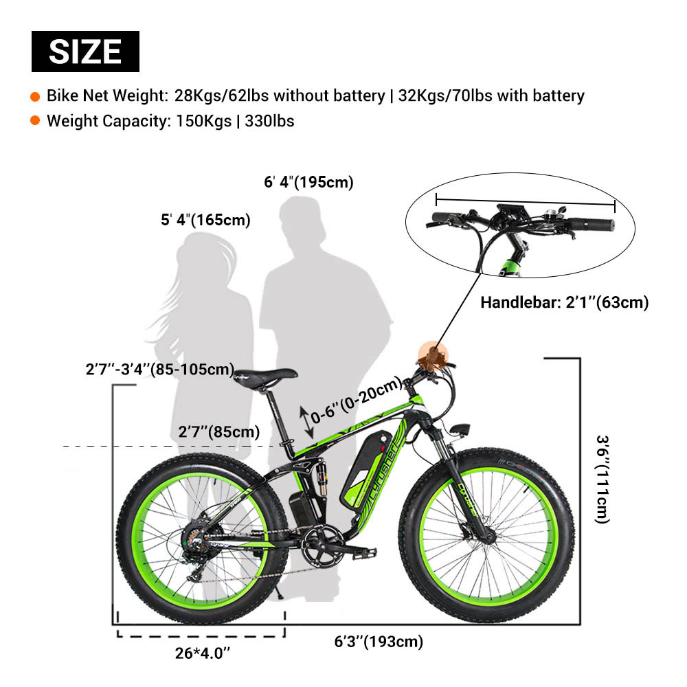 Cyrusher XF800 Electric Bike Full Suspension 26' x 4' Fat Tires 750W Motor 13Ah Removable Battery 28mph Top Speed Green