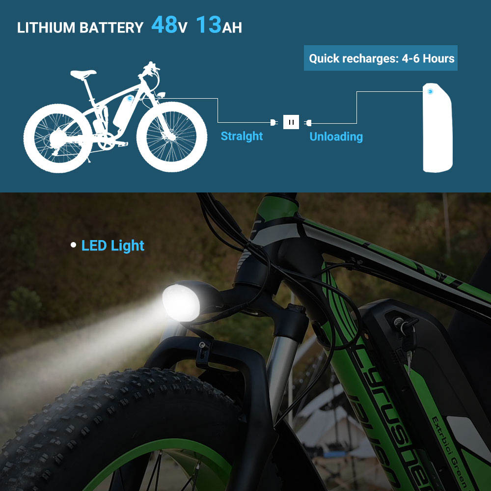 Cyrusher XF800 Electric Bike Full Suspension 26' x 4' Fat Tires 750W Motor 13Ah Removable Battery 28mph Top Speed Green