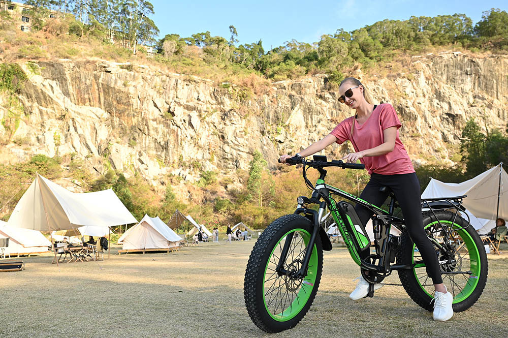 Cyrusher XF800 Electric Bike Full Suspension 26' x 4' Fat Tires 750W Motor 13Ah Removable Battery 28mph Top Speed Green