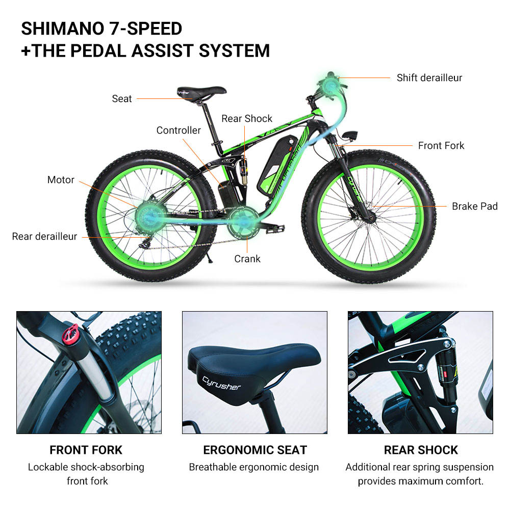 Cyrusher XF800 Electric Bike Full Suspension 26' x 4' Fat Tires 750W Motor 13Ah Removable Battery 28mph Top Speed Green