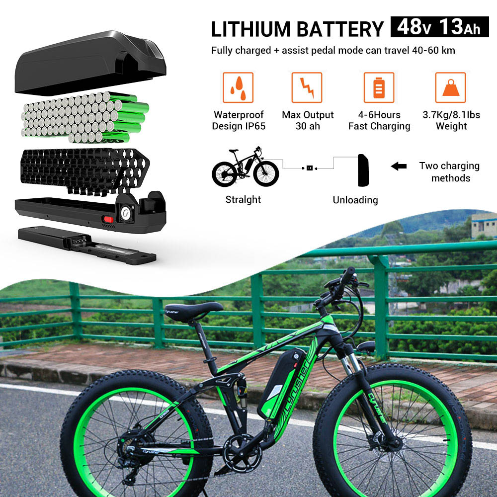 Cyrusher XF800 Electric Bike Full Suspension 26' x 4' Fat Tires 750W Motor 13Ah Removable Battery 28mph Top Speed Green