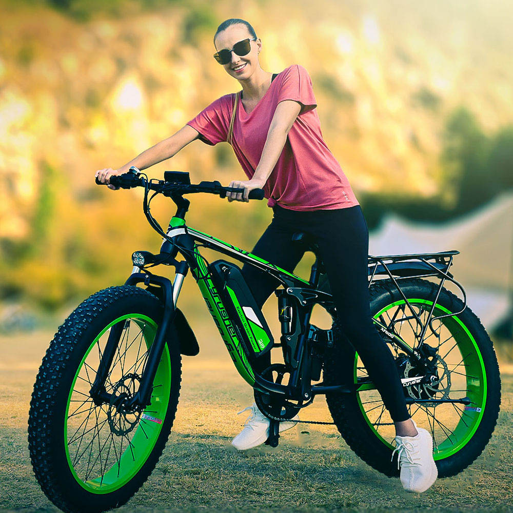 Cyrusher XF800 Electric Bike Full Suspension 26' x 4' Fat Tires 750W Motor 13Ah Removable Battery 28mph Top Speed Green