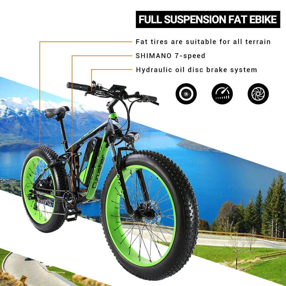 Cyrusher XF800 Electric Bike Full Suspension 26' x 4' Fat Tires 750W Motor 13Ah Removable Battery 28mph Top Speed White