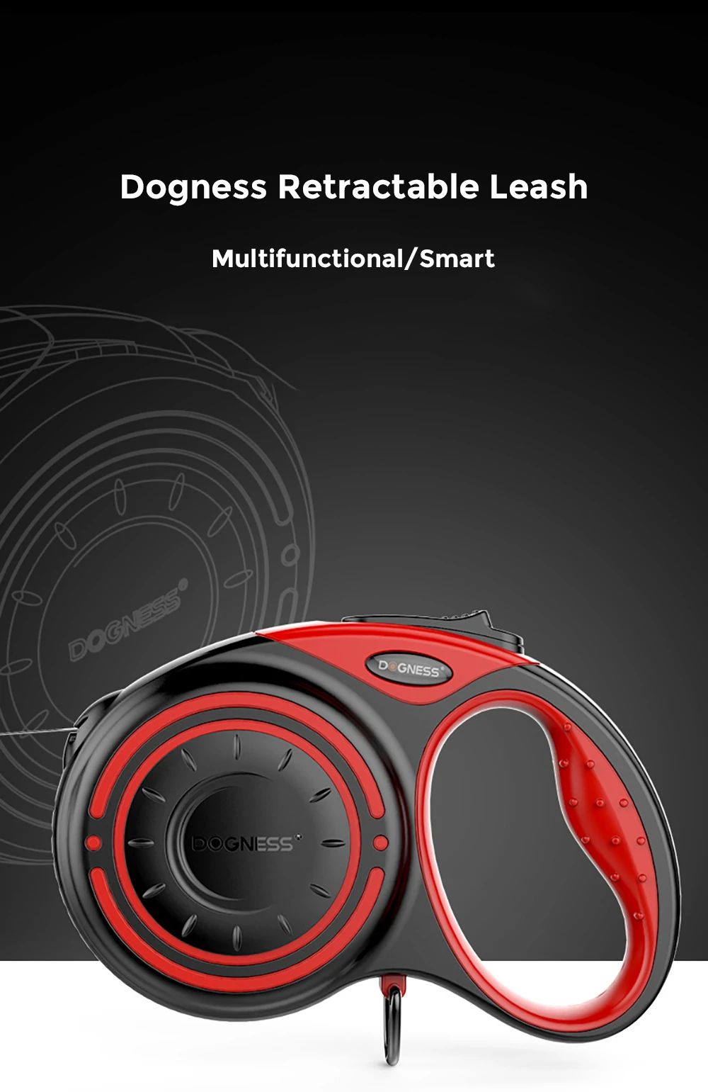 DOGNESS 5m Reflective Retractable Dog Leash One Button Brake Lock Anti-Slip Handle for Puppy Cat Pet Supplies - Red L