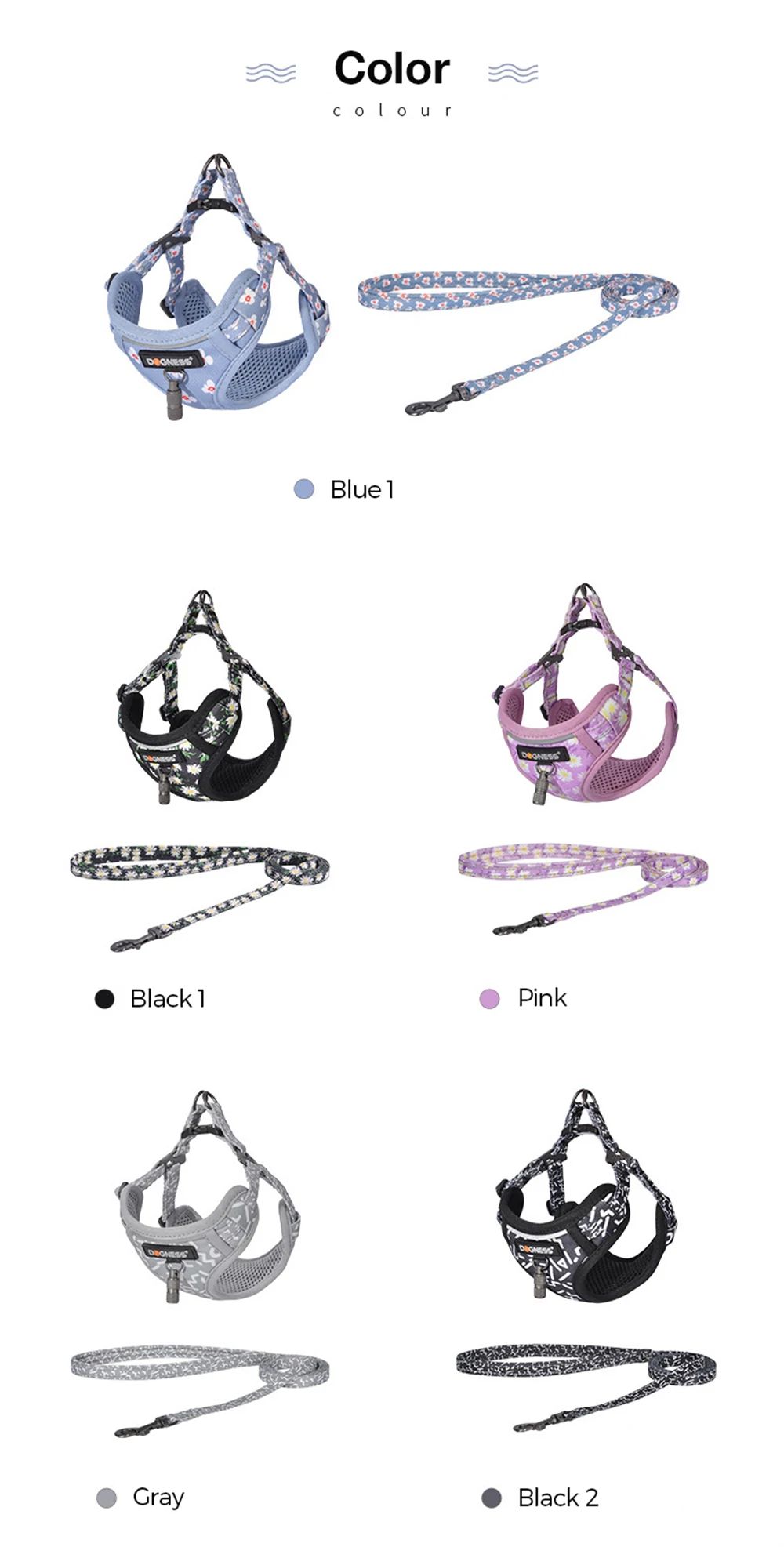 DOGNESS Harness Dog Leash Sets Adjustable Lengths Reflective Design Breathable Mesh Dogs Collar - Floral Pollen