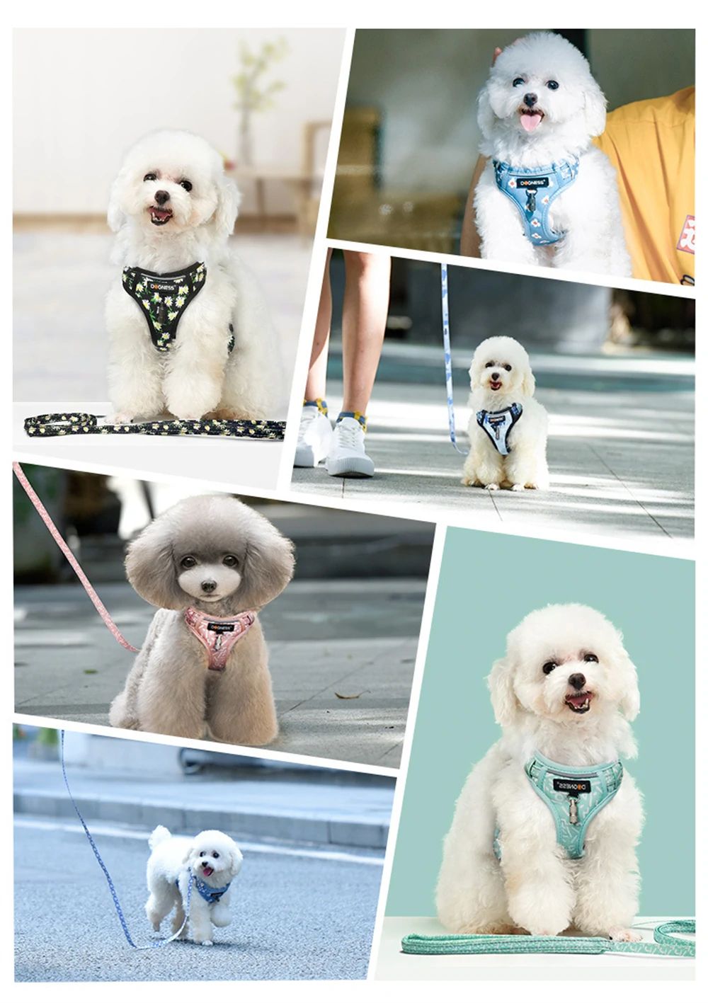 DOGNESS Harness Dog Leash Sets Adjustable Lengths Reflective Design Breathable Mesh Dogs Collar - Floral Pollen