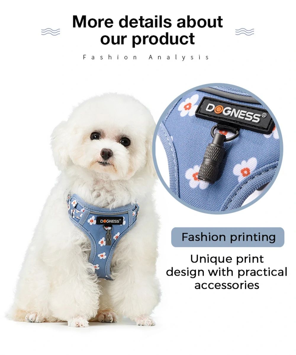 DOGNESS Harness Dog Leash Sets Adjustable Lengths Reflective Design Breathable Mesh Dogs Collar - Floral Blue