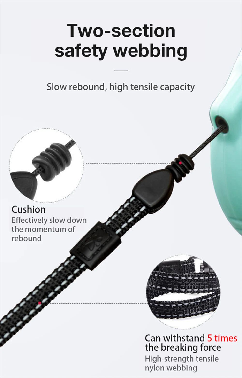 DOGNESS Reflective Retractable Dog Leash, One Button Brake & Lock Anti-Slip Handle, Strong Nylon Ribbon Tape - M Gray