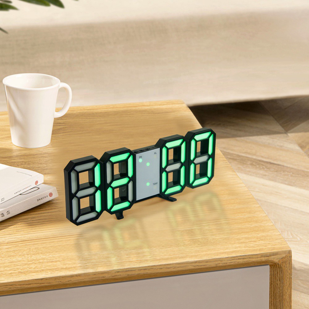 Digital LED Clock 3D Wall Hanging Clock with Smart Luminous Memory Function - Green