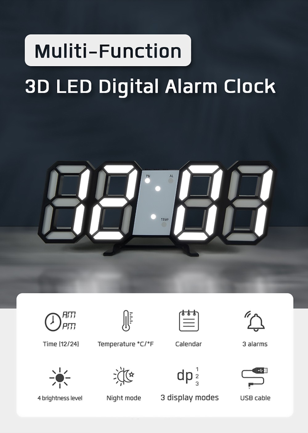 Digital LED Clock 3D Wall Hanging Clock with Smart Luminous Memory Function - Green