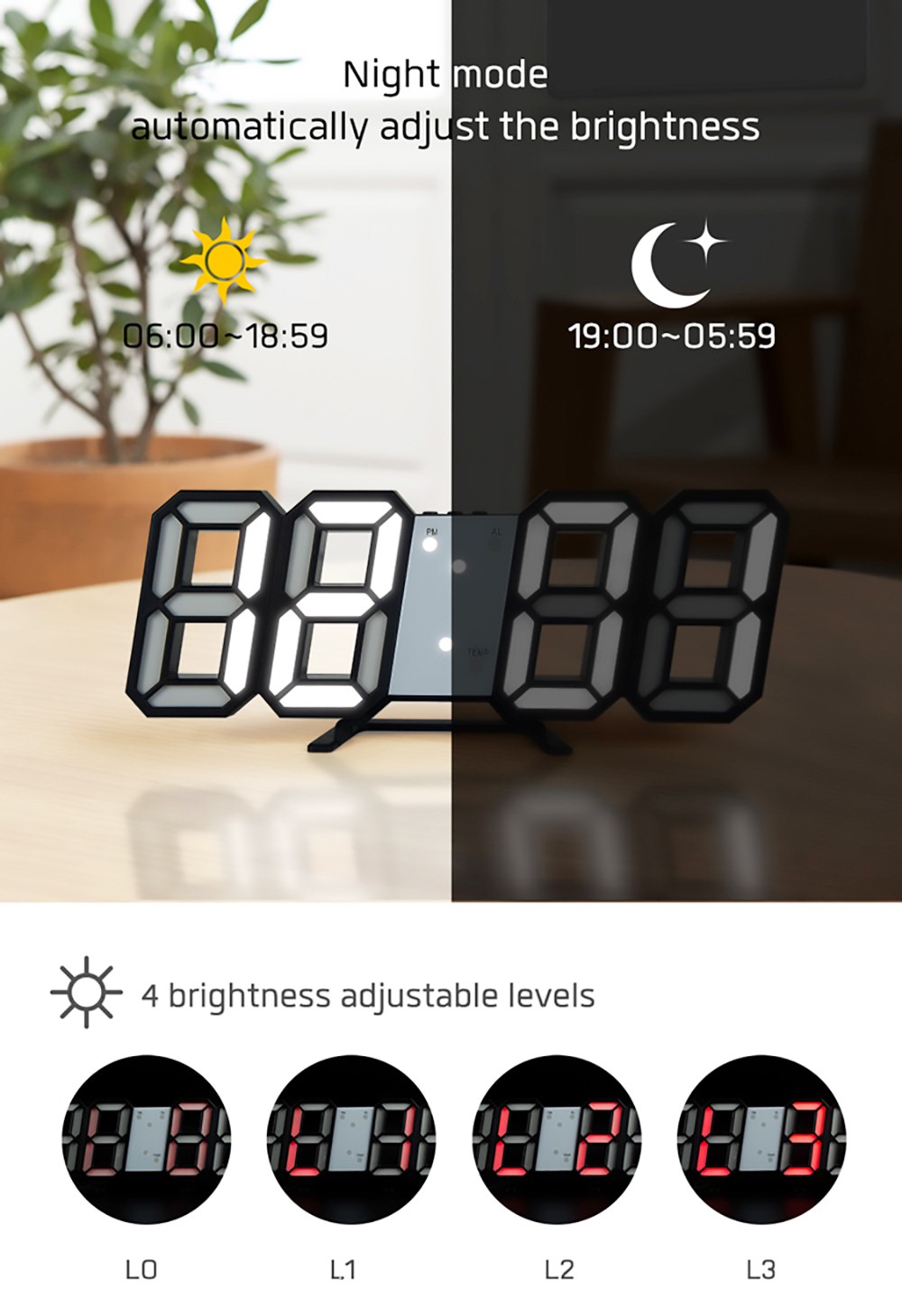 Digital LED Clock 3D Wall Hanging Clock with Smart Luminous Memory Function - Green