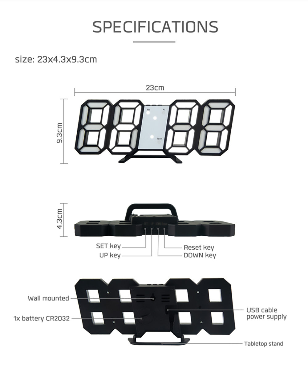 Digital LED Clock 3D Wall Hanging Clock with Smart Luminous Memory Function - White