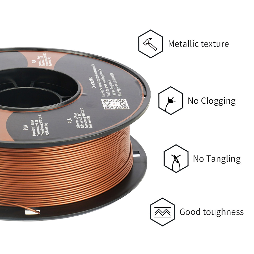 ERYONE Metallic PLA Filament for 3D Printer 1.75mm Tolerance +/-0.03mm, 1kg(2.2lbs)/Spool - Copper