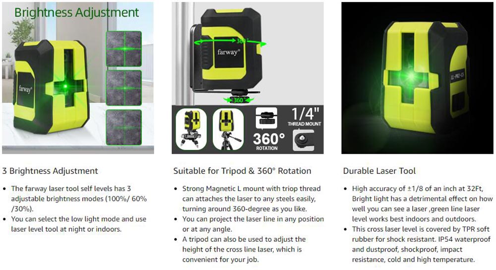 Farway Self Leveling Laser Level, 100ft Green Cross Line Laser Level 3 Brightness Adjustable IP54 Waterproof