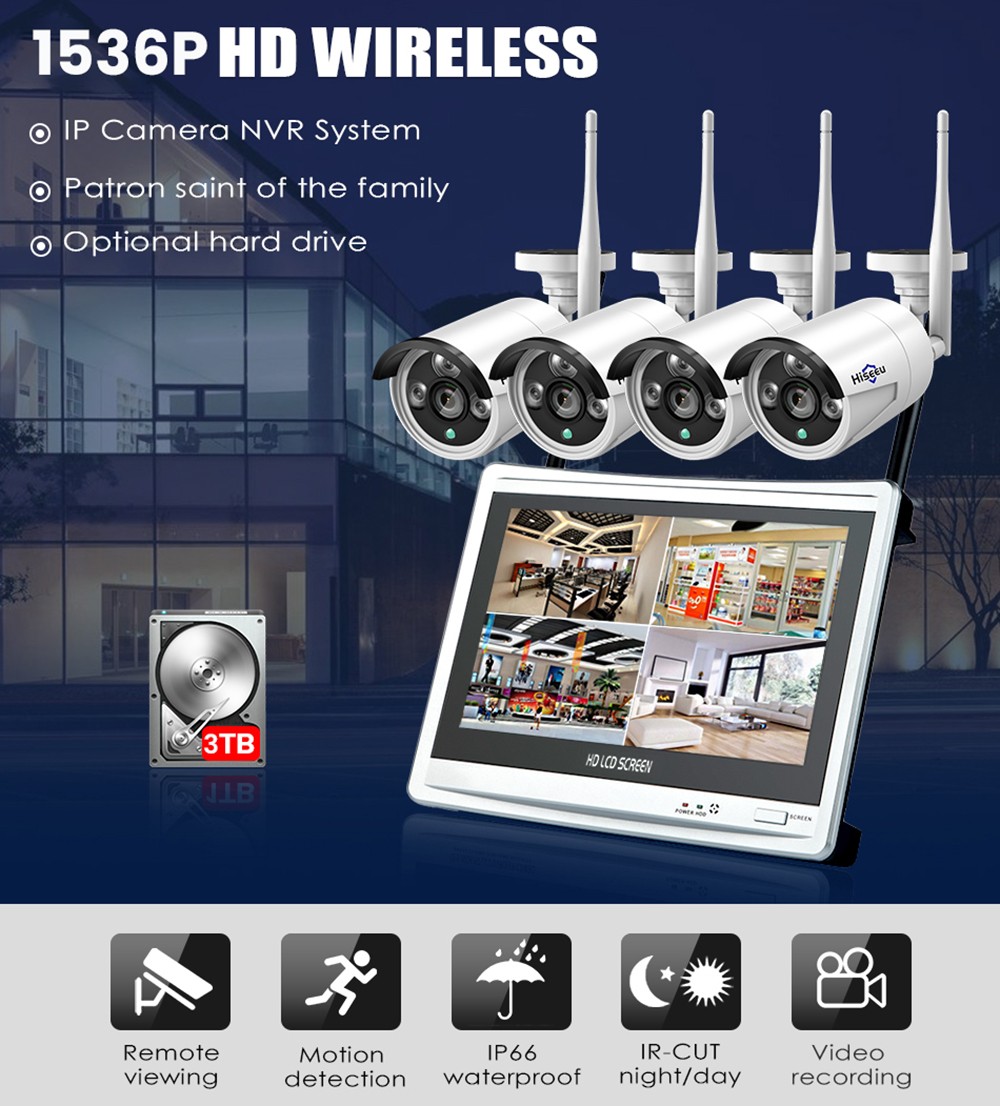 Hiseeu 4pcs All in one with 12inch LCD Monitor Wireless Security Camera System Home 8CH 3MP NVR Kit 1536P Outdoor