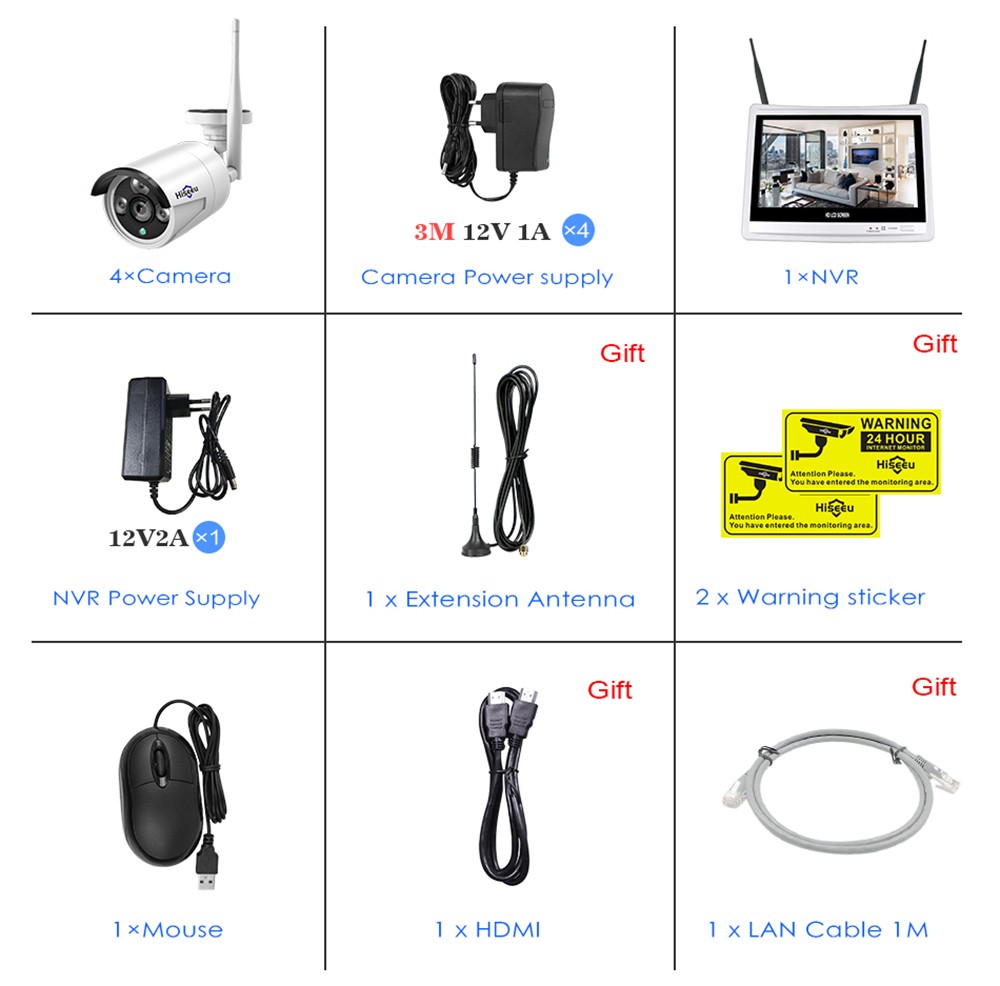 Hiseeu 4pcs All in one with 12inch LCD Monitor Wireless Security Camera System Home 8CH 3MP NVR Kit 1536P Outdoor