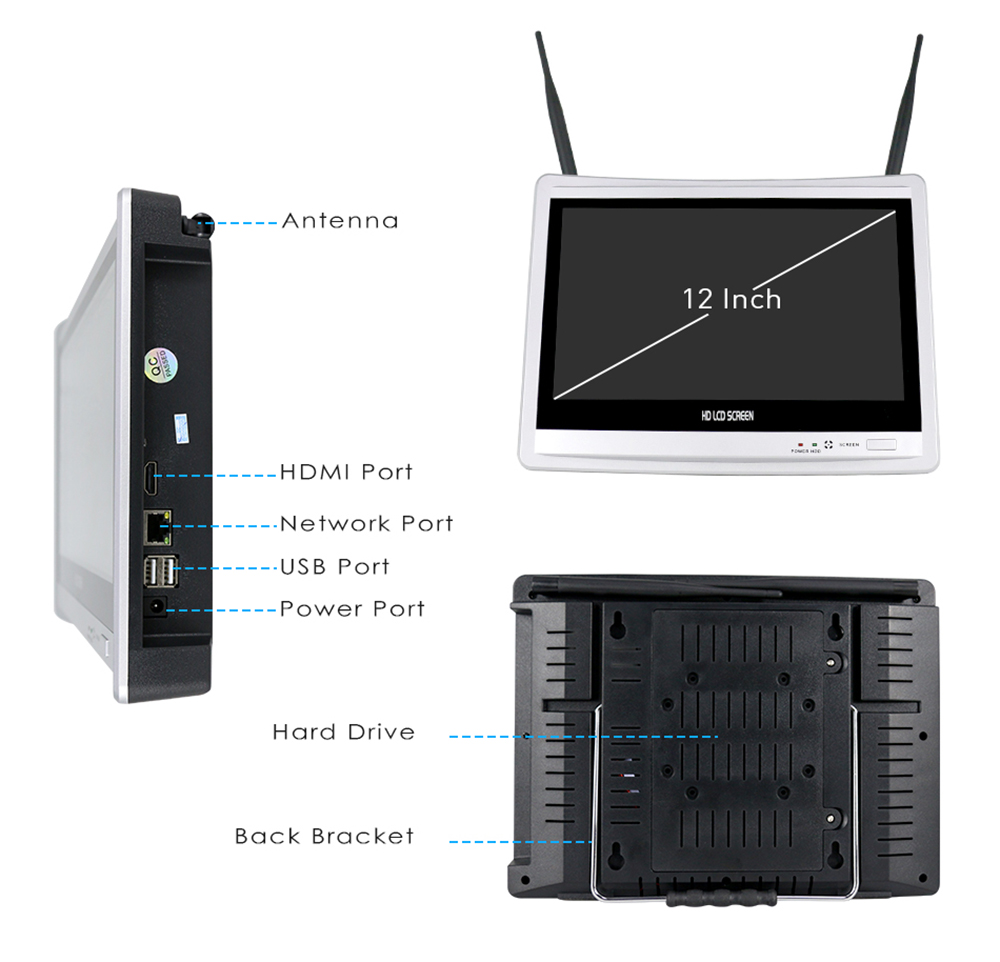 Hiseeu 4pcs All in one with 12inch LCD Monitor Wireless Security Camera System Home 8CH 3MP NVR Kit 1536P Outdoor