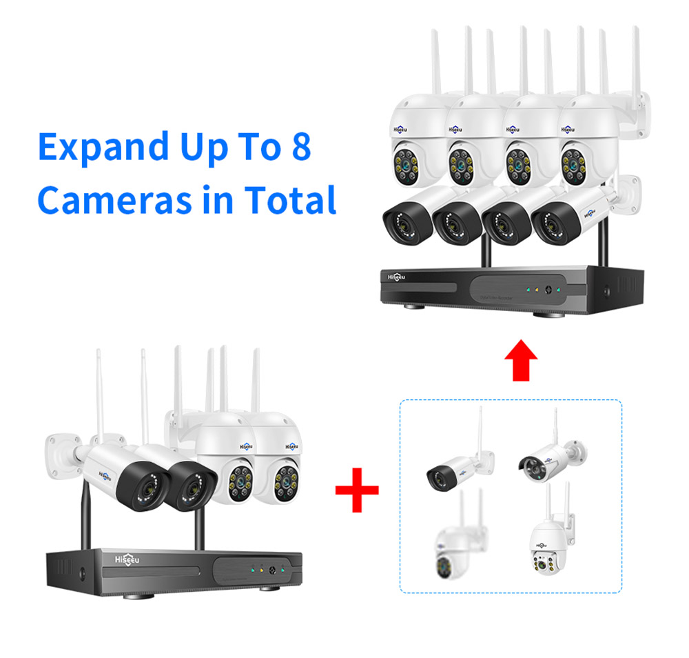 Hiseeu Wireless 8CH 4PCS 3MP Two-Way Audio Security Outdoor & Bullet WIFI IP Cameras