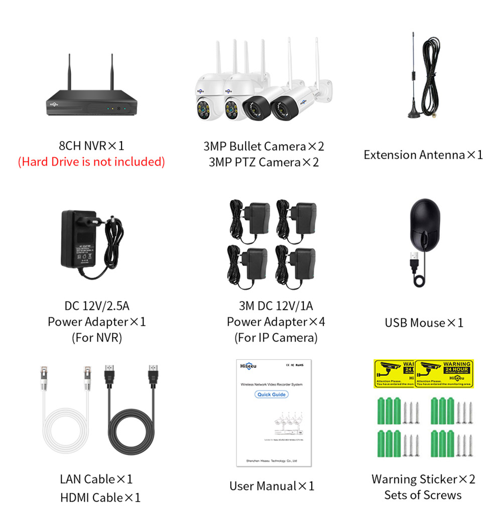 Hiseeu Wireless 8CH 4PCS 3MP Two-Way Audio Security Outdoor & Bullet WIFI IP Cameras