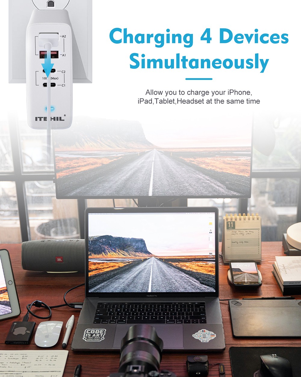 ITEHIL 100W Smart Fast Charger USB-C PD Wall Charger 4 Ports with EU Plug and UK Plug - White