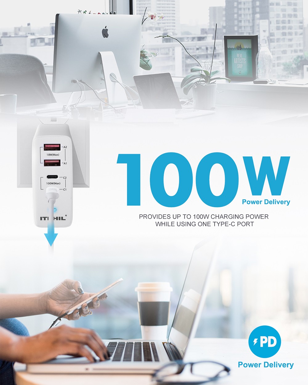 ITEHIL 100W Smart Fast Charger USB-C PD Wall Charger 4 Ports with EU Plug and UK Plug - White