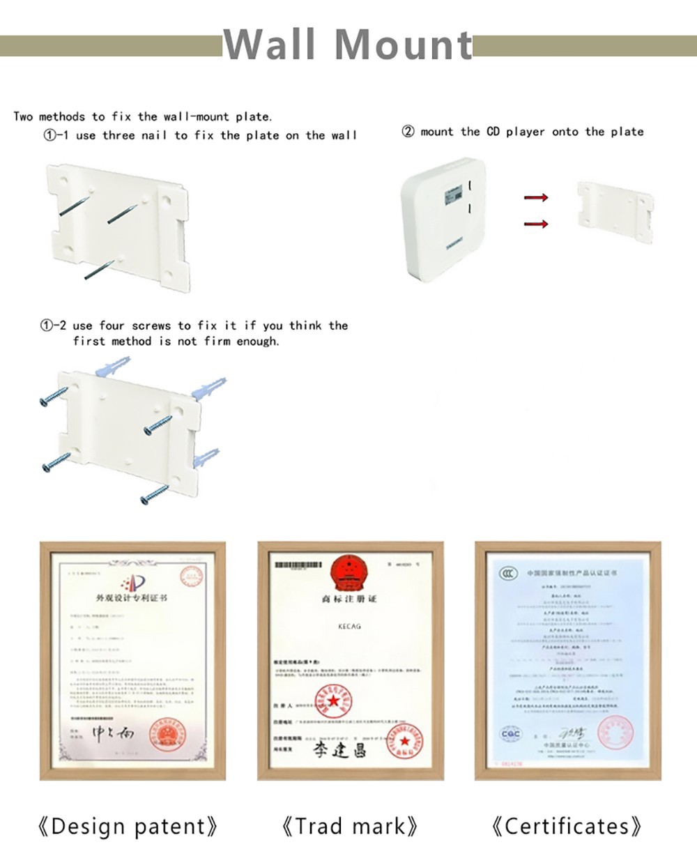 Kecag KC-808 Wall Mountable CD Player with Bluetooth with Remote Control FM Radio MP3 Headphone Jack USB - Blue