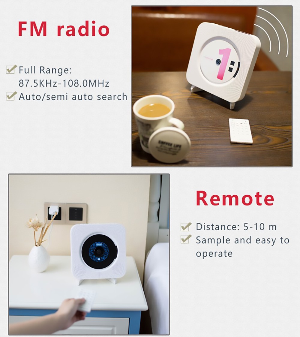 Kecag KC-808 Wall Mountable CD Player with Bluetooth with Remote Control FM Radio MP3 Headphone Jack USB - Blue