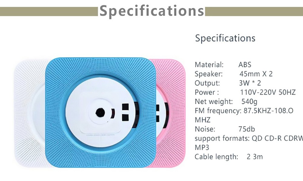 Kecag KC-808 Wall Mountable CD Player with Bluetooth with Remote Control FM Radio MP3 Headphone Jack USB - Blue