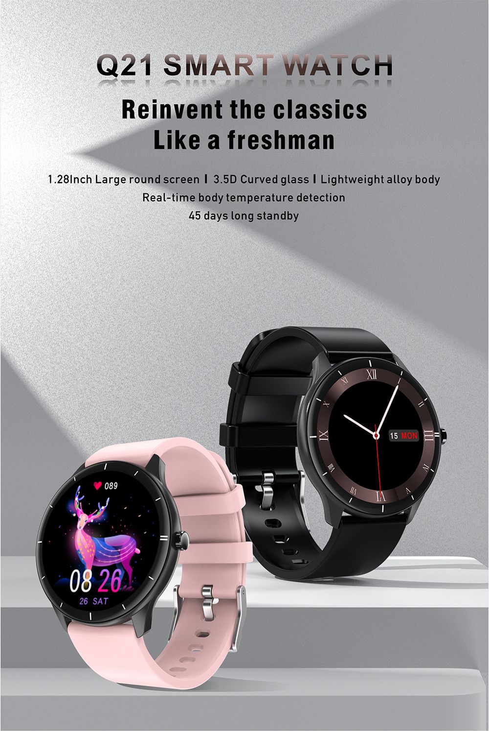Makibes Q21 Smartwatch 1.28'' Touch Screen Heart Rate SpO2 BP Monitor - Black