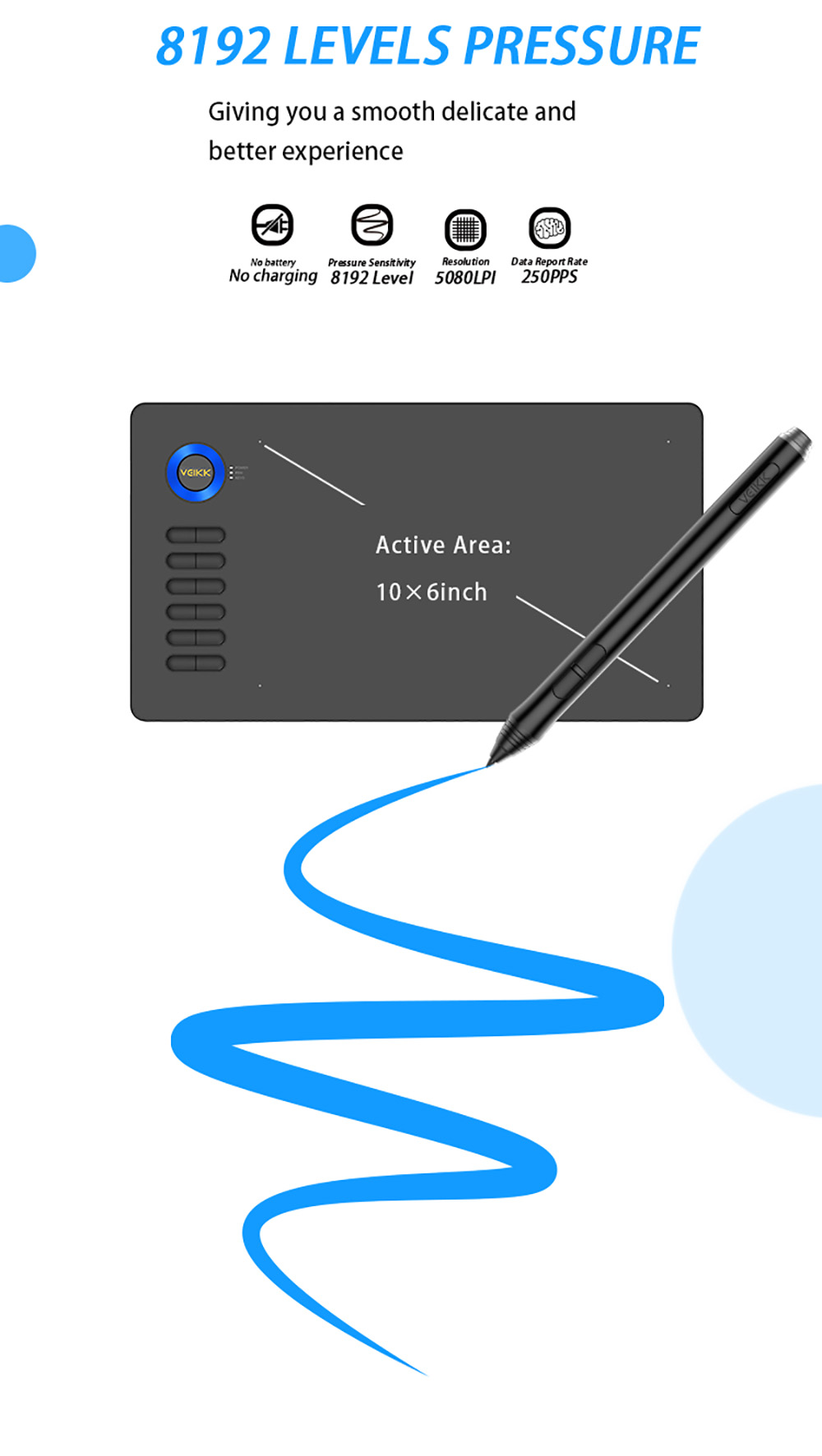 VEIKK A15 Pen Tablet 10x6'' 12 Shortcut Keys Support Windows Android Mac Linux for Professional Designer - Blue