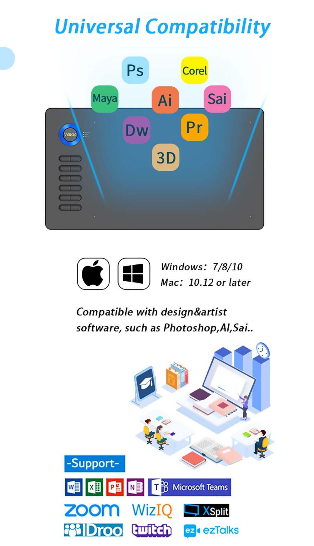 VEIKK A15 Pen Tablet 10x6'' 12 Shortcut Keys Support Windows Android Mac Linux for Professional Designer - Blue