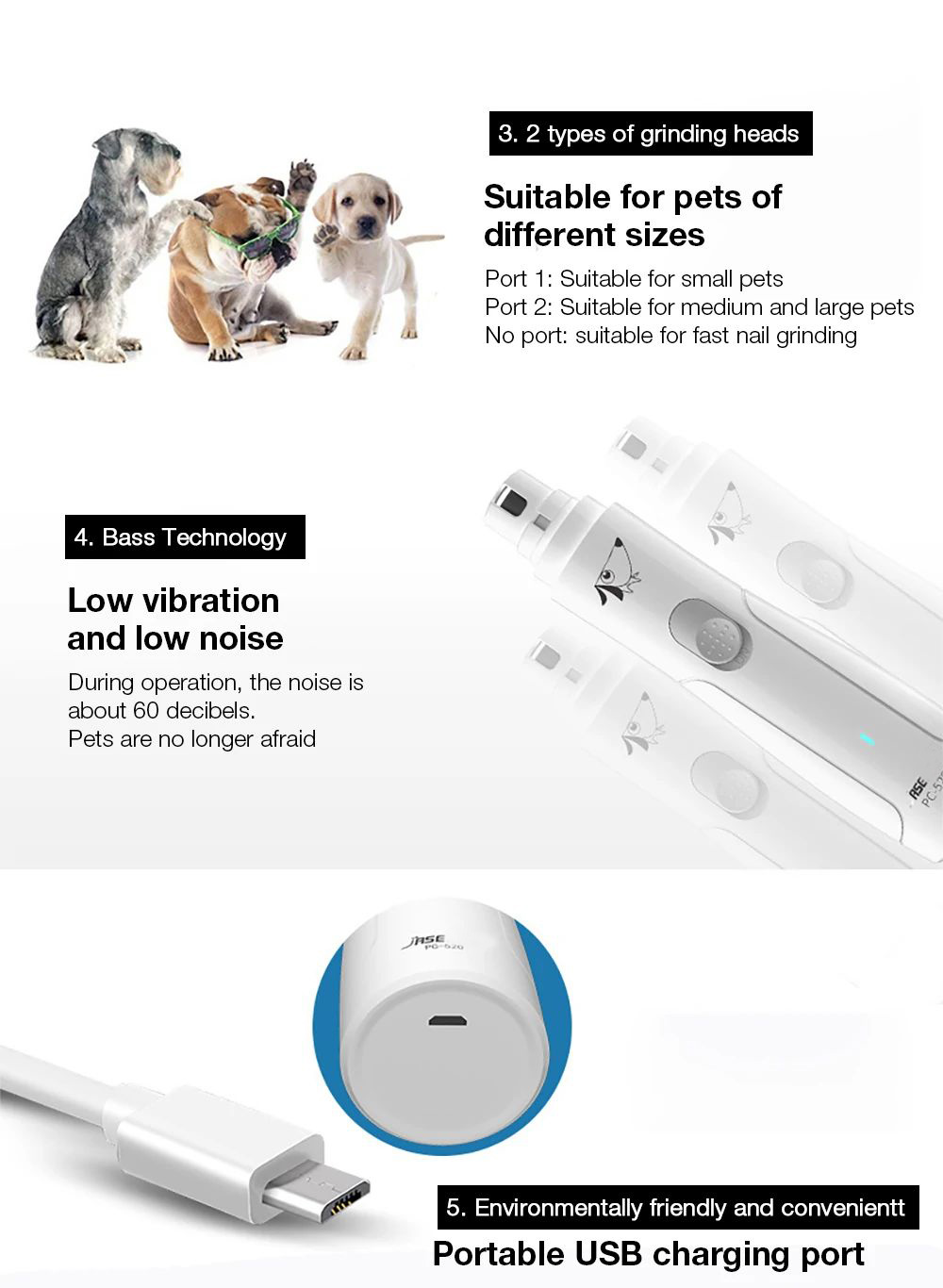 XIAOMI YOUPIN JASE PC-520 Pet Electric Nail Polisher USB Charging Nail Clippers Cat Paws Grooming Grinding Machine