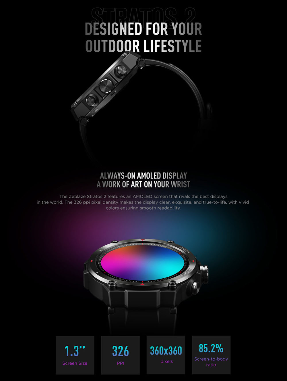 Zeblaze Stratos 2 Smartwatch 1.3'' AMOLED Display 24 Health Monitor BEIDOU GPS 5 ATM Waterproof Men's Watch - Black