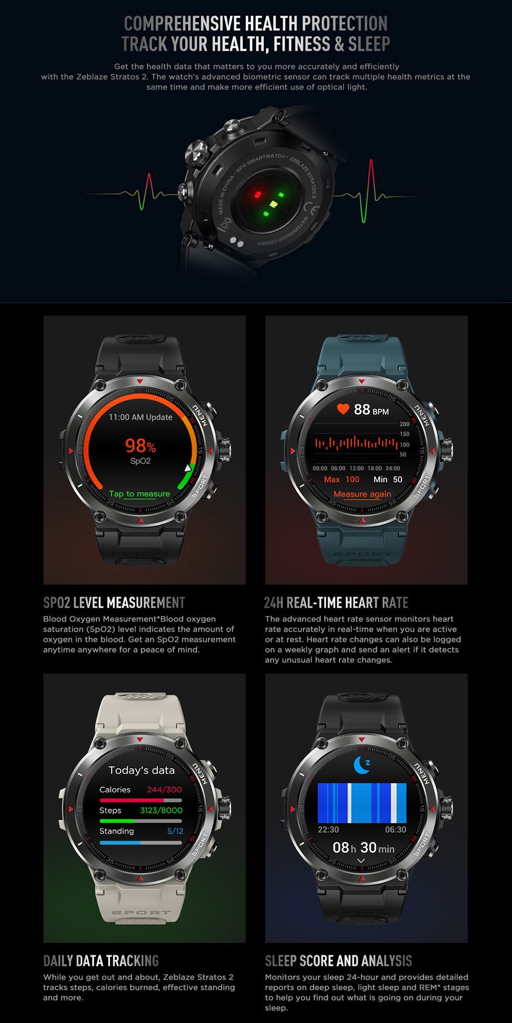 Zeblaze Stratos 2 Smartwatch 1.3'' AMOLED Display 24 Health Monitor BEIDOU GPS 5 ATM Waterproof Men's Watch - Black