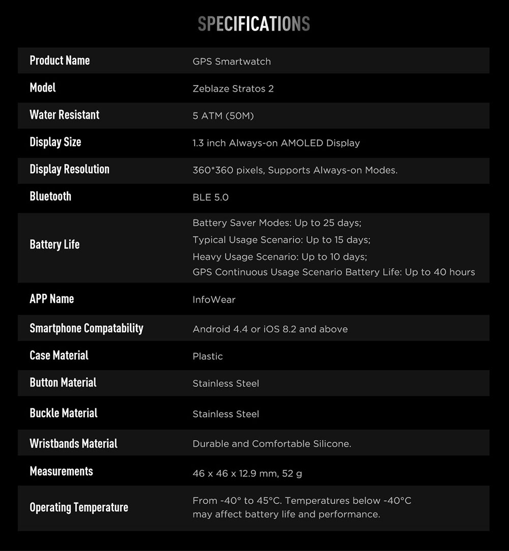 Zeblaze Stratos 2 Smartwatch 1.3'' AMOLED Display 24 Health Monitor BEIDOU GPS 5 ATM Waterproof Men's Watch - Black