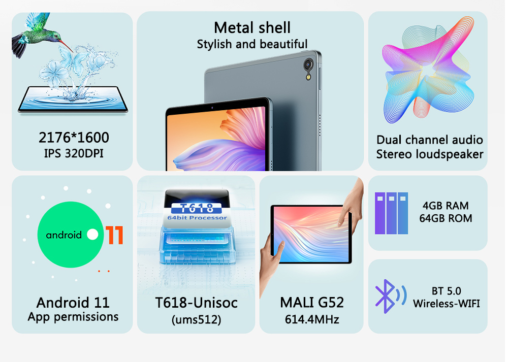 KUU UPAD 11 Inch Tablet PC 4G LTE Network and Phone Call Android 11 4G RAM 64G ROM T618-Unisoc 5G WIFI 13M Camera