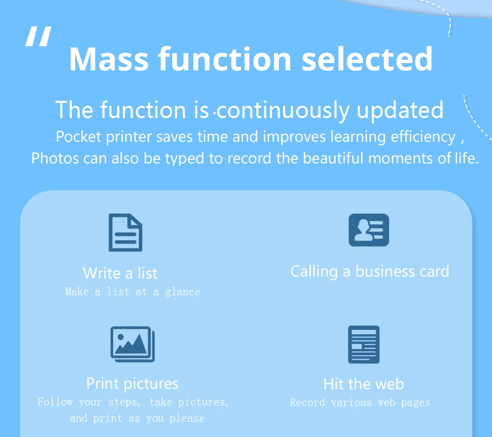 Portable Mini Printer Thermal Bluetooth Wireless with 5 Rolls of Printing Pater and Adhesive Tape, 3 Rolls of Colorful Print Paper, Sticker - Blue