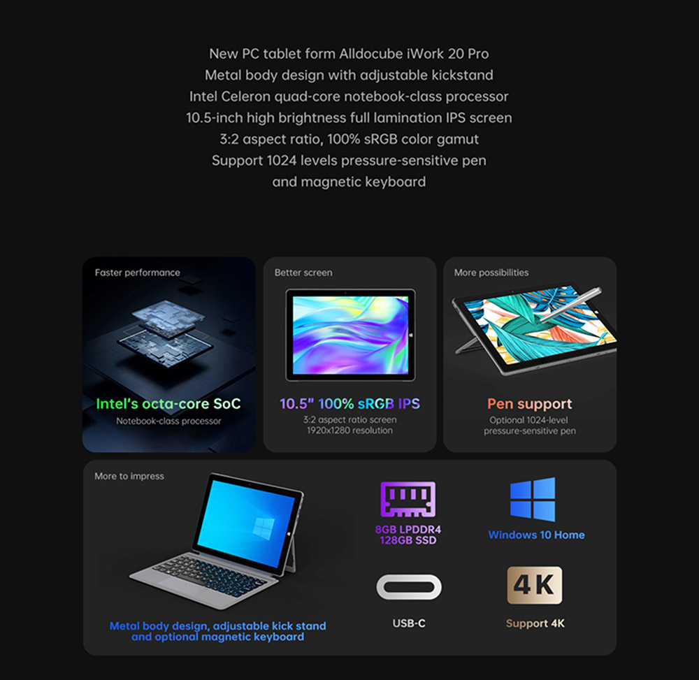 ALLDOCUBE iWork 20 Pro Tablet PC 10.5'' IPS Screen Intel N4120 8GB RAM 128GB ROM Support 4K Video Windows 10 - EU Plug