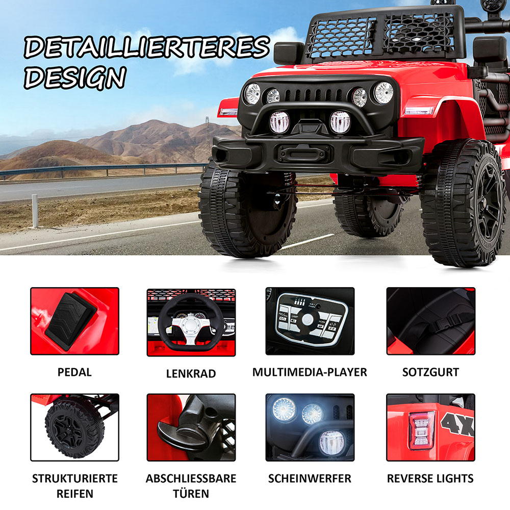 Children's Electric Ride On Car with 2 Seats 12V 2.4 Ghz Remote Control 2 Speed Soft Start Horn Front Light - Red