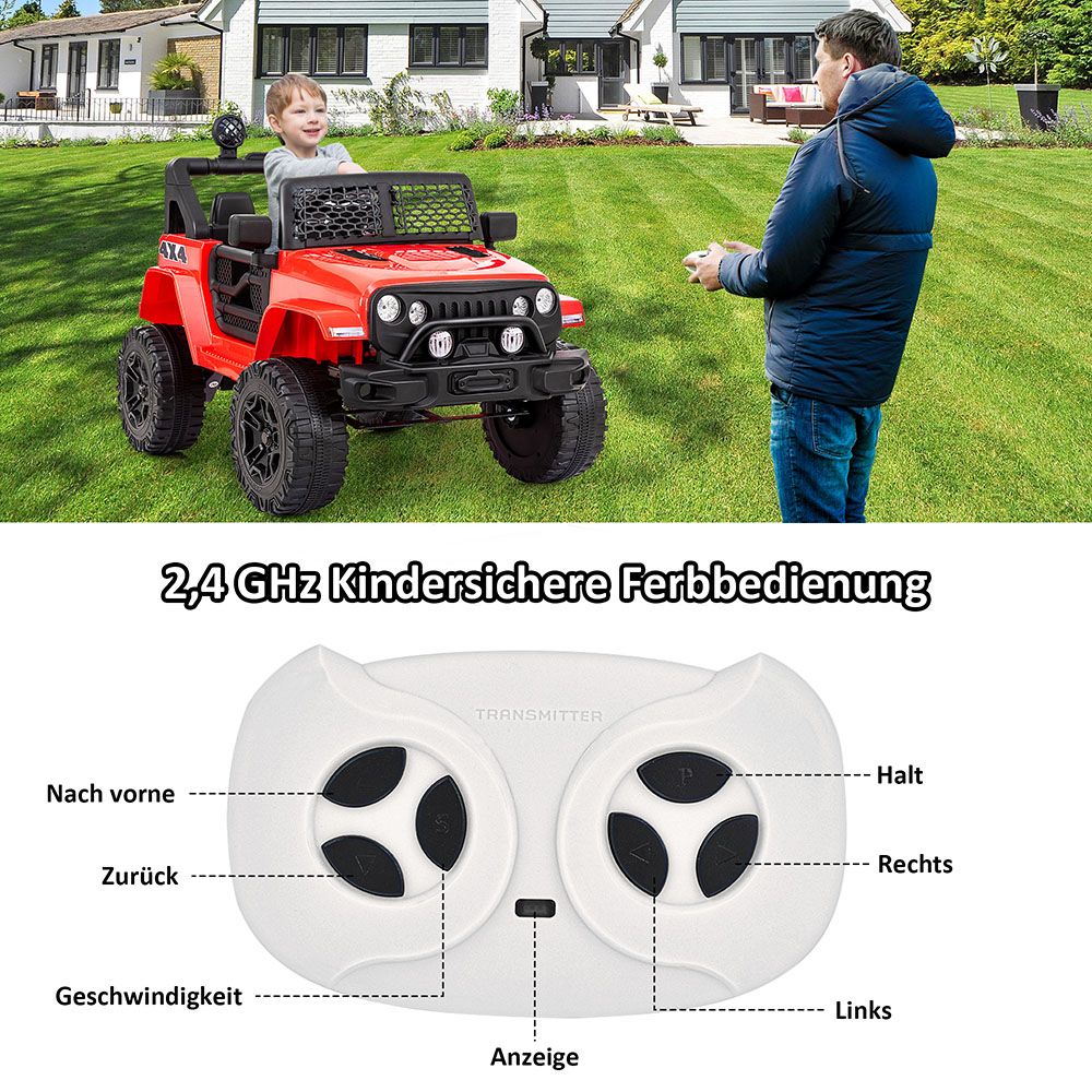 Children's Electric Ride On Car with 2 Seats 12V 2.4 Ghz Remote Control 2 Speed Soft Start Horn Front Light - Red