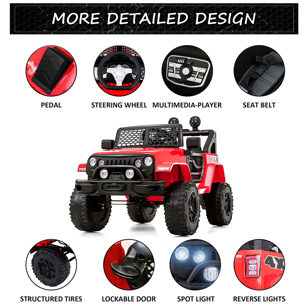 Children's Electric Ride On Car with 2 Seats 12V 2.4 Ghz Remote Control 2 Speed Soft Start Horn Front Light - Red