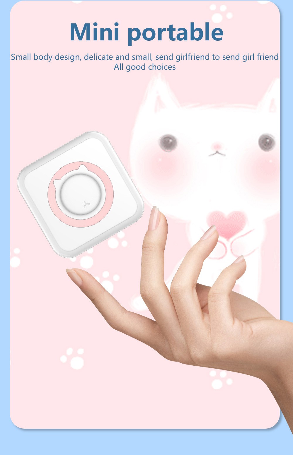 Portable Mini Printer Thermal Bluetooth Wireless with Printing Pater Adhesive Tape Colorful Print Paper Sticker - Blue
