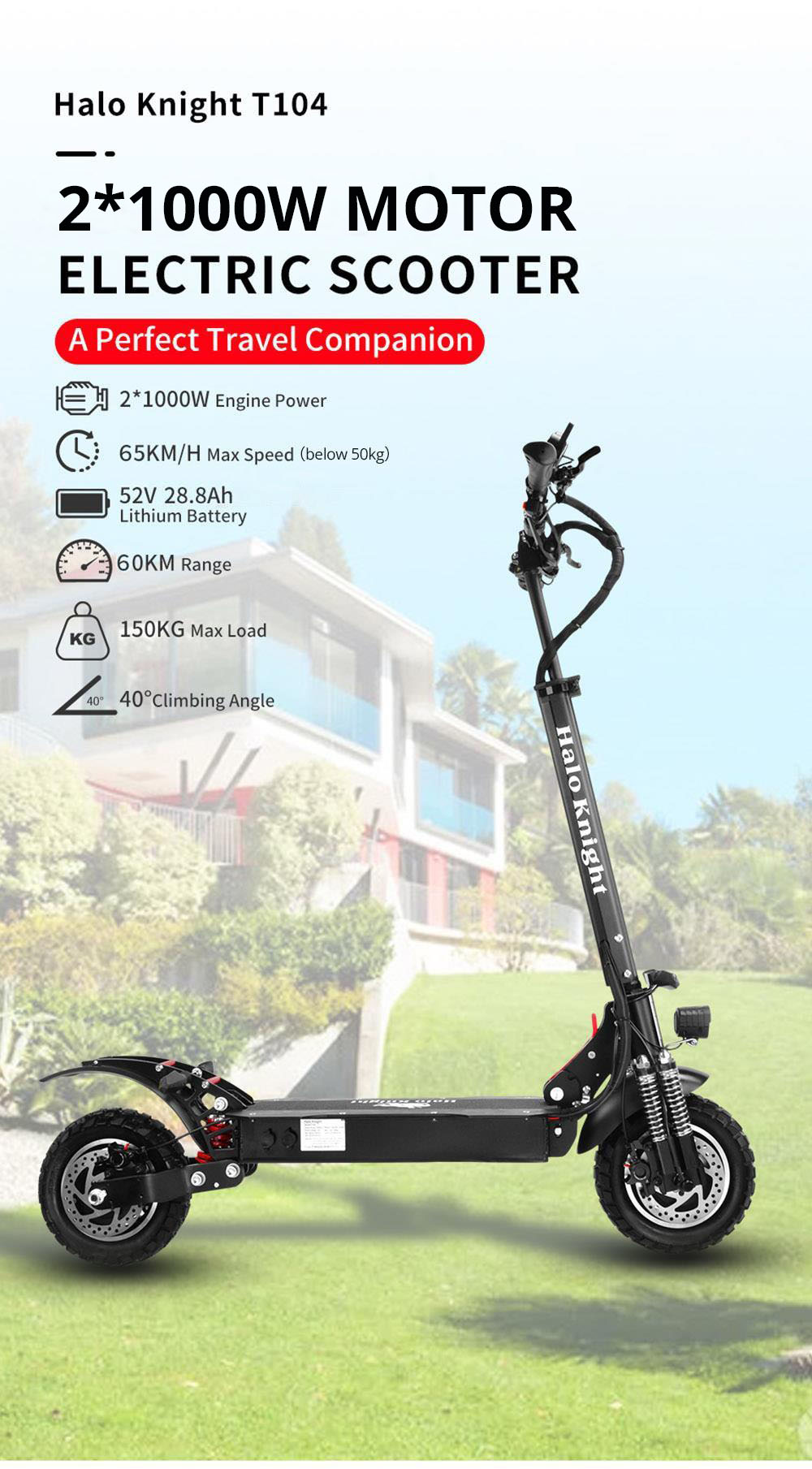 Halo Knight T104 Off Road Electric Scooter 10 Inch Pneumatic Off Road Tire 2000W Dual Motor 52V 28.8Ah Battery 60km Range 65km/h Max Speed 150kg Load