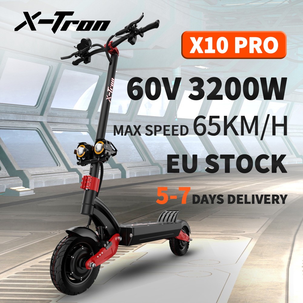 X-Tron X10 Pro 10'' Folding Off-Road Electric Scooter 1600W *2 Motor 60V 20.8Ah Battery Max speed 65-70km/h Max load 150KG - Red