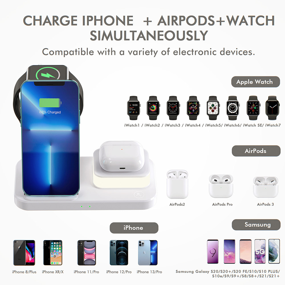 C500 Foldable 3-in1 Wireless Charger with 3-Level Adjustable Night Light, 9V 2A USB QC3.0 Charging for Apple - White