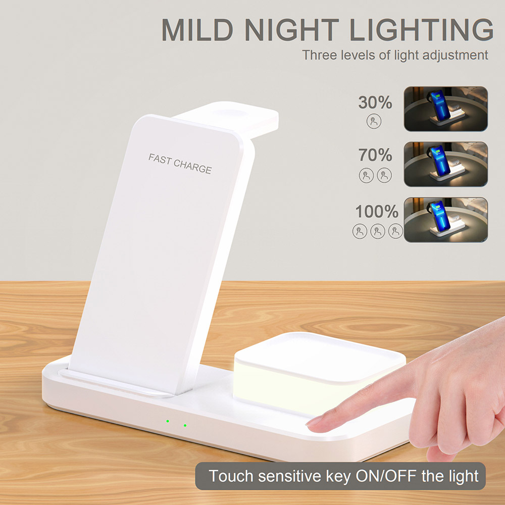 C500 Foldable 3-in1 Wireless Charger with 3-Level Adjustable Night Light, 9V 2A USB QC3.0 Charging for Apple - White